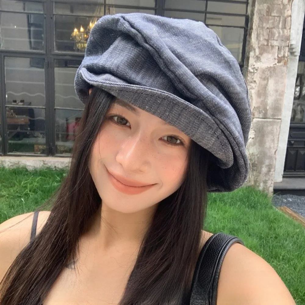 Boina vaquera japonesa Vintage Cloud Y2K gorra octogonal tela de vendedor de periódicos sombrero de pintor plisado para mujer