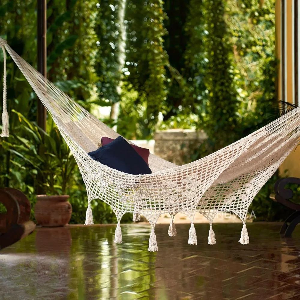 Handmade Veranda in Beige Cotton Rope Hammock (Triple)