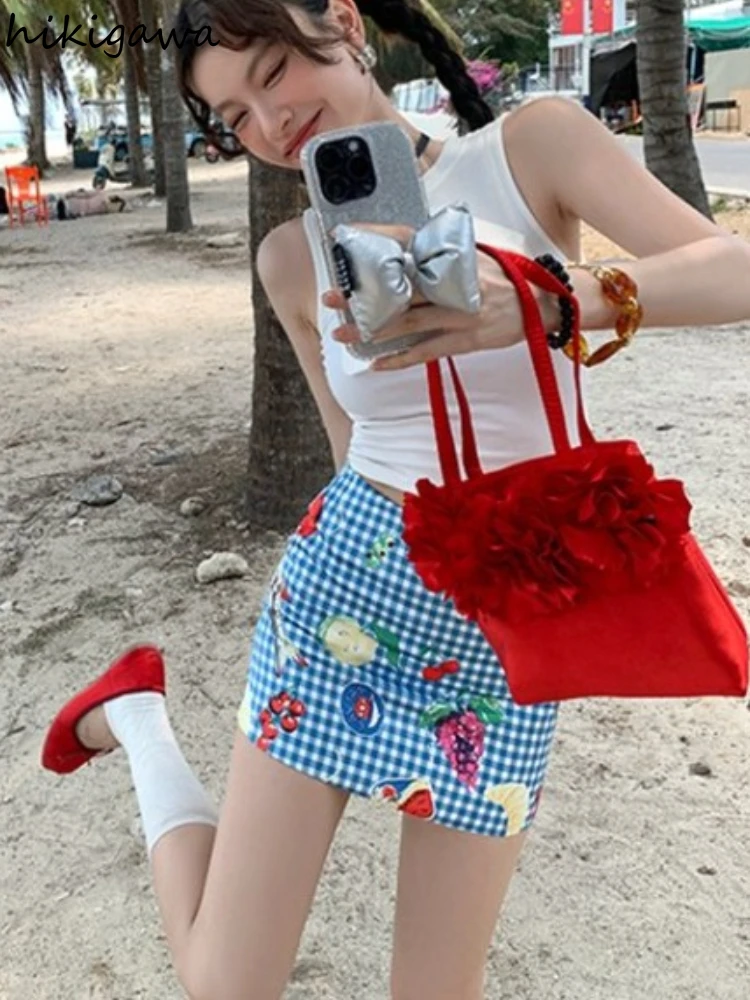 プリントミニスカート女性のための甘いチュニック甘いサイアハイウエストファッション夏のペチコート 2025 段段段段デモーダ韓国ボディコンスカート
