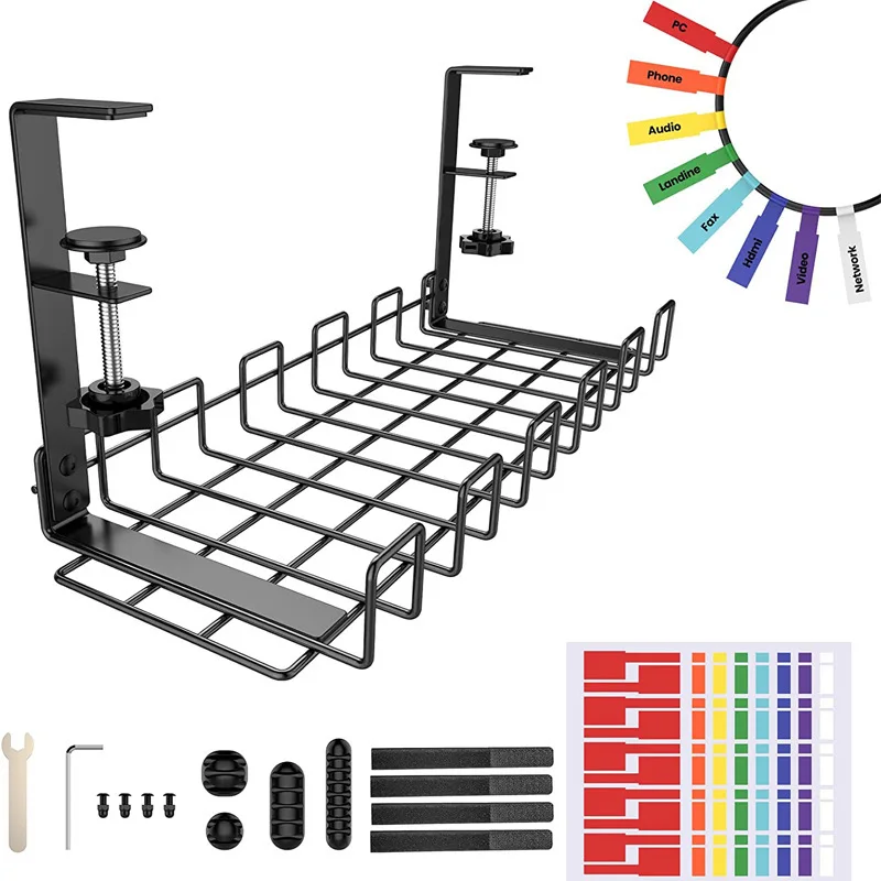 Adjustable Iron Under-Desk Cable Basket No-Drill Power Strip Holder Home Office Desks