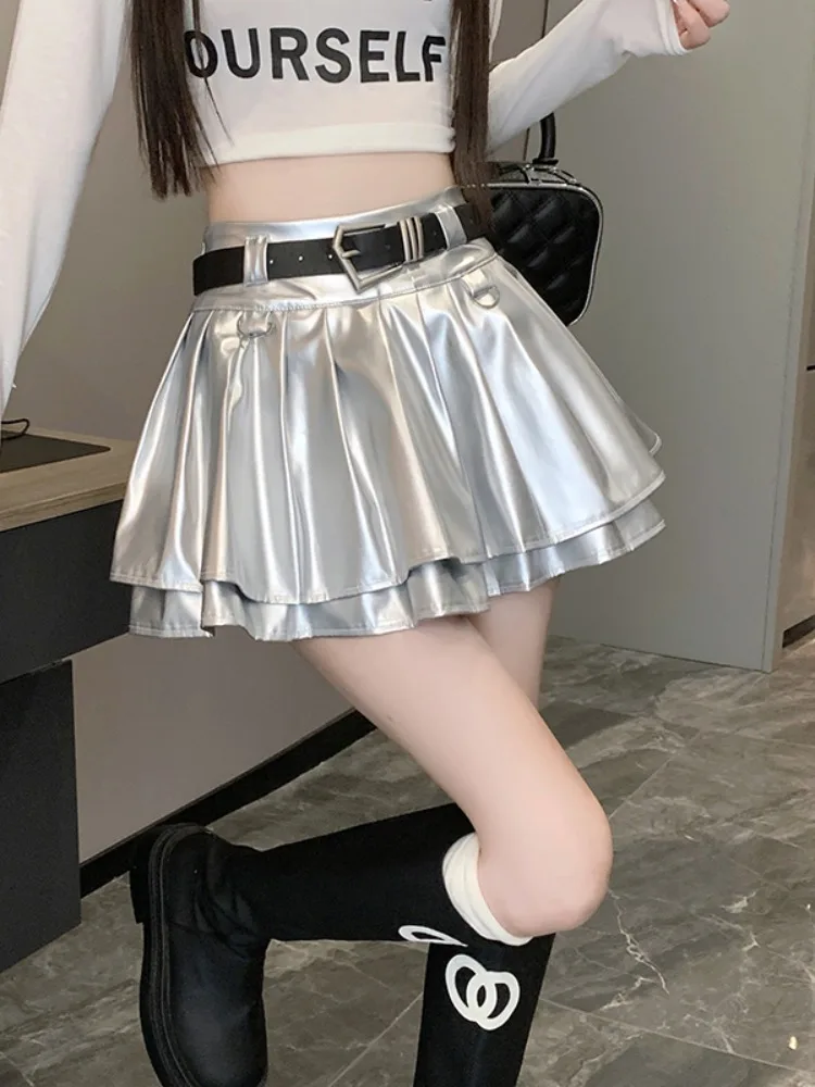

Autumn Cool Silver PU Leather Mini Skirt Women Belt High Waist Pleated Skirts With Shorts Streetwear Y2K Jupe Femme Saias