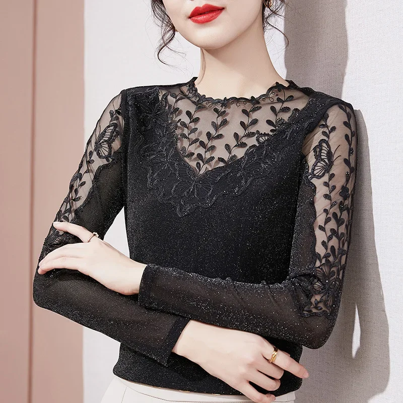 

Женские сетчатые топы, элегантная тонкая лоскутная кружевная футболка с горячим бурением, модная повседневная футболка с длинными рукавами