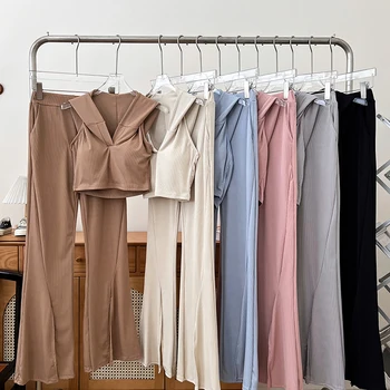 여성용 캐주얼 스포츠 세트, 솔리드 후드 백리스 슬림 스트레치 조끼, 하이 웨이스트 스플릿 플레어 팬츠, 여성용 골프 슈트, 2 개 