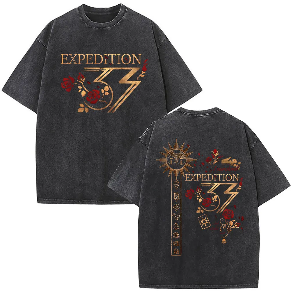 Game Esquie Clair Obscur Expedition 33 Washed T Shirts Men Women Clothing Fashion Vintage Casual Oversized Short Sleeve T-shirts