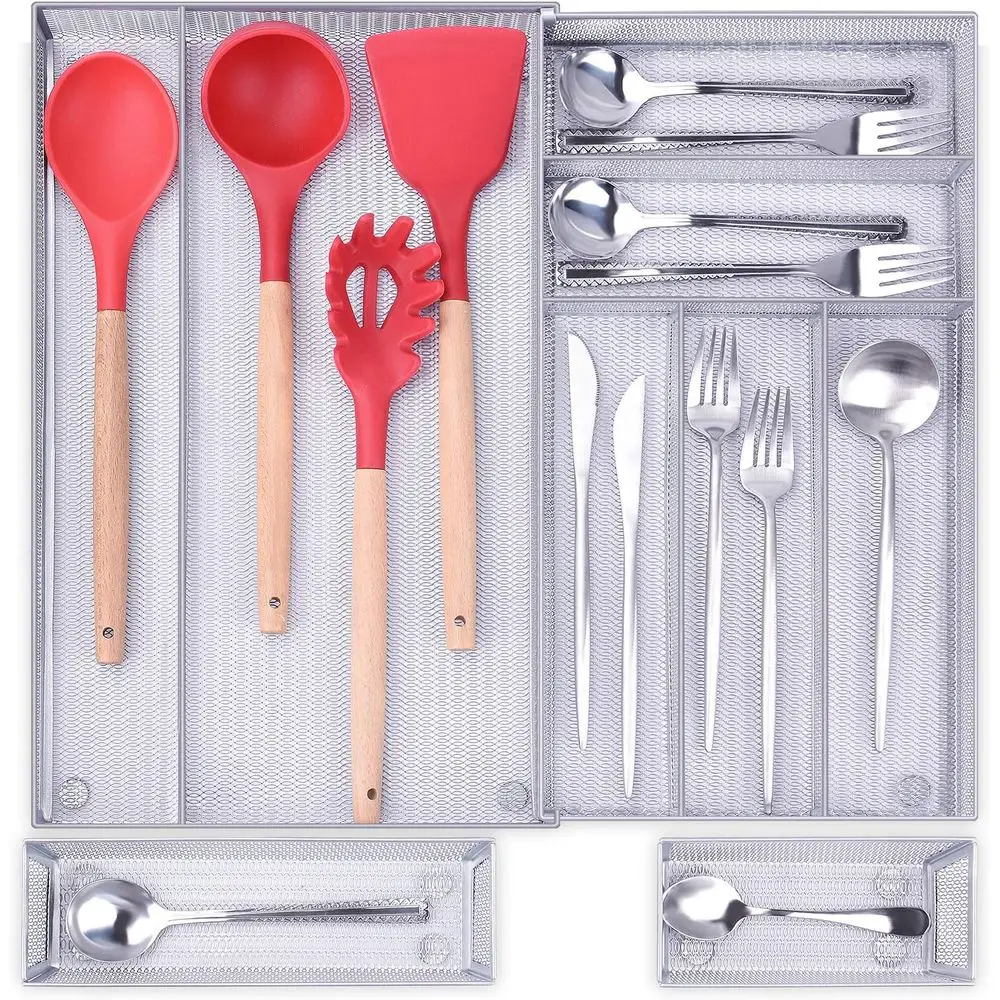 

Adjustable Metal Mesh Drawer Organizer for Large Kitchen Utensils, 7+2 Compartments, Silverware Tray (Silver)