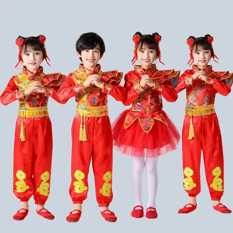 Boy Girl Chinese New Year Clothes Traditional Kids Folk Dance Red Costumes Stage Party Festival Oriental Hanfu Clothing