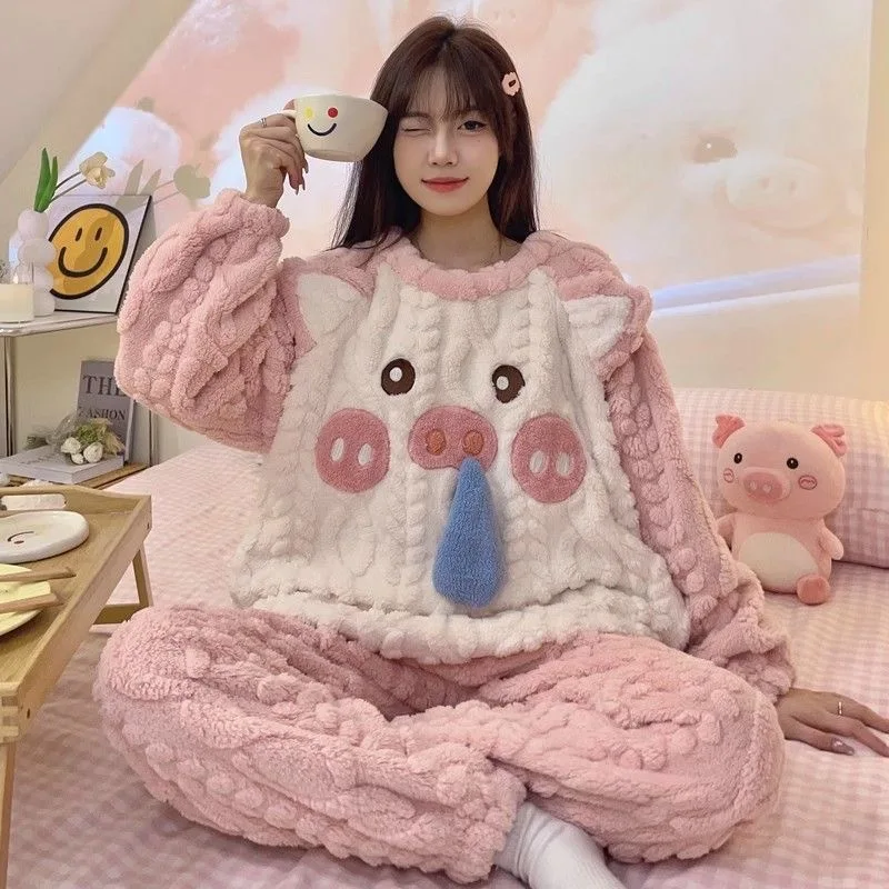 

coral fleece Women's pajamas autumn winter thicken Comfortable Sleepwear cute sweet flannel Pajama Set keep warm homewear suit