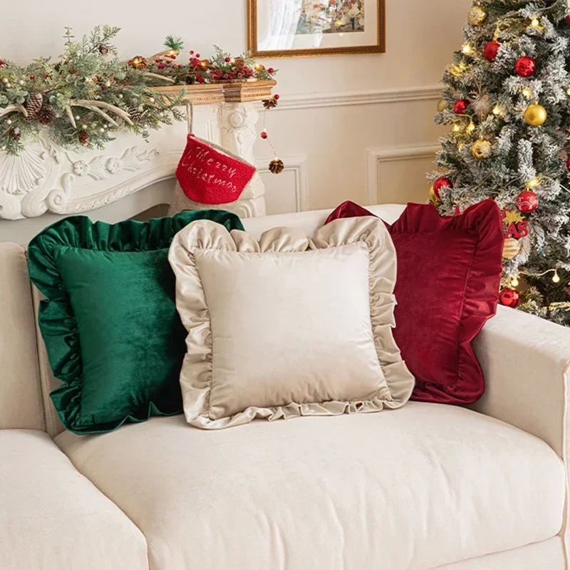 Red and Green New Year Pillow Covers Dutch Velvet Ruffled Edge Patchwork Pillow Case Nordic Solid Color Christmas Decoration