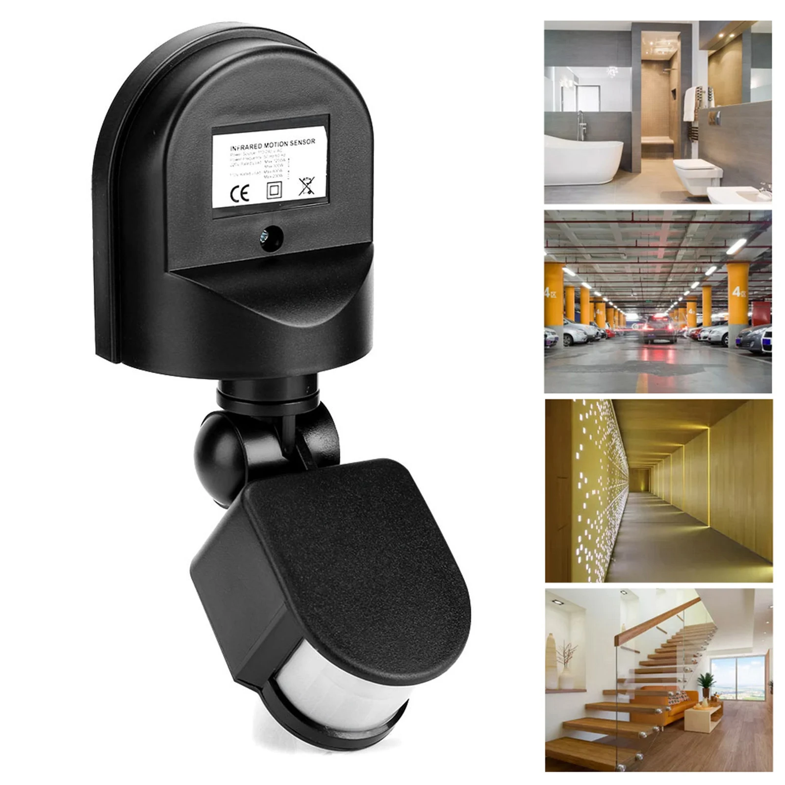 -240V Adjustable PIR Body Motion Infrared Sensor Detector Light Bulb Switch (Black)