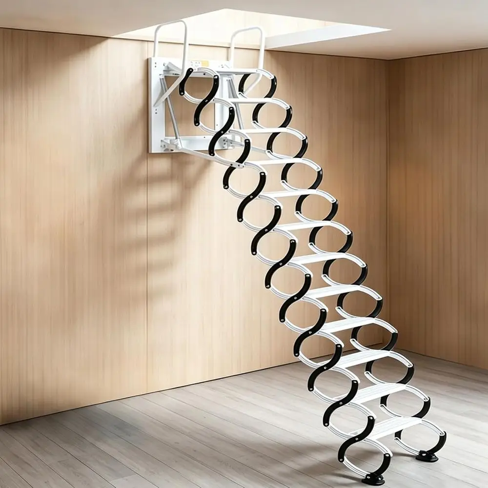 

10T Wall-Mounted Pull-Down Attic Stairs, 12-Step Extension Ladder with Armrests and Handrails, Black