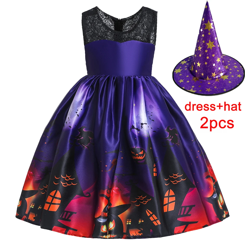 Halloween Kürbis Fledermaus Party Mädchen Kostüme 2 stücke Karneval Geist Schwarz Spitze Geburtstag Prom Kleider Mädchen Gothic Cosplay Kinder kleidung