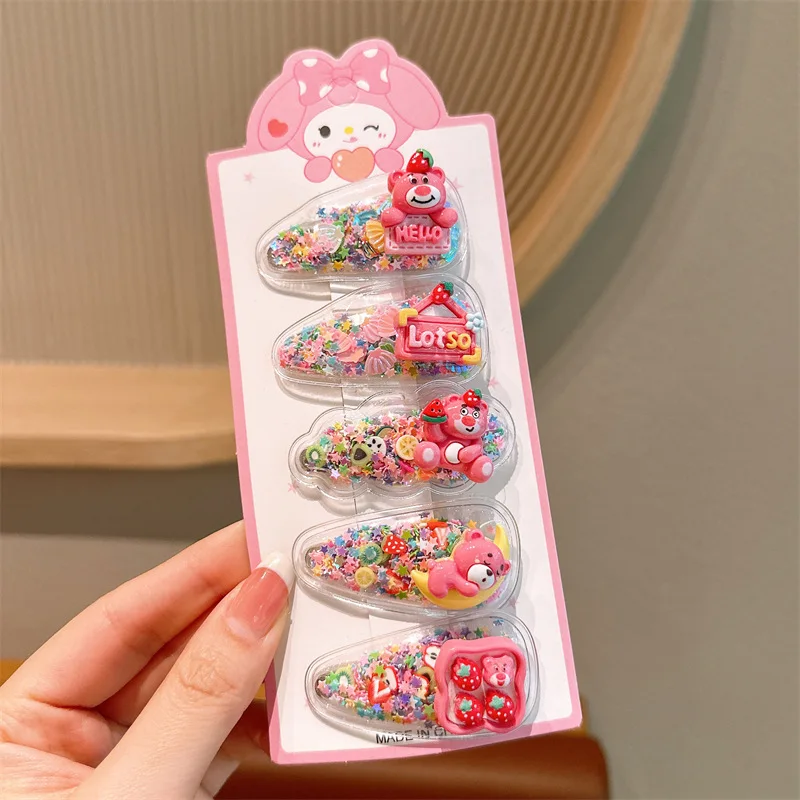 5Pcs Sanrio Kuromi Cinnamoroll Girls Hairpin Kawaii Babies Hair Clip My Melody Princess quicksand Babies Clips Girl Accessories