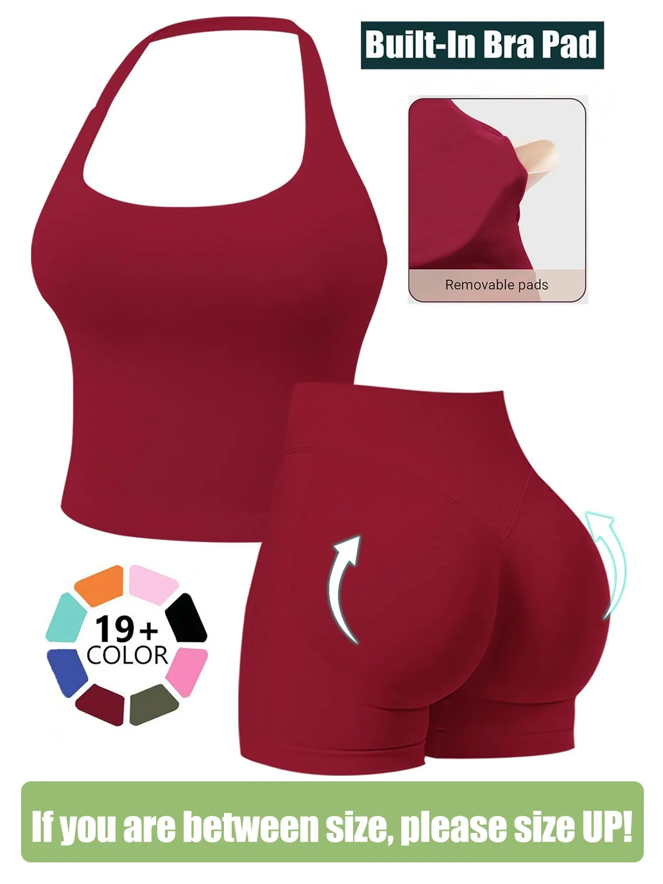 Women's Square Neck Halter 2-Piece Set, Seamless High Stretch, Removable Cups & Peach Butt Lifting 3