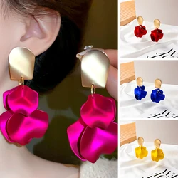 Solid Color Twisted Smooth Rose Flower Petal Dangle Earrings for Women Vintage Fashion Elegant Large Piece Exaggerated Jewelry