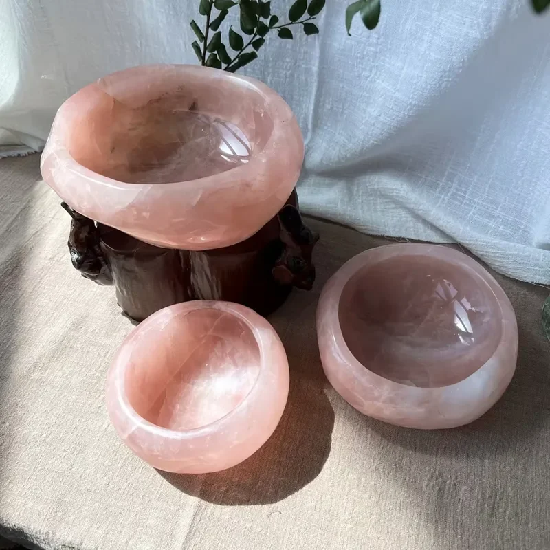 Natural Rose Quartz Stone Bowl Pendant Hand Carved Crystal Healing Jewelry Feng Shui Meditation Amulet Decor Gift for Women