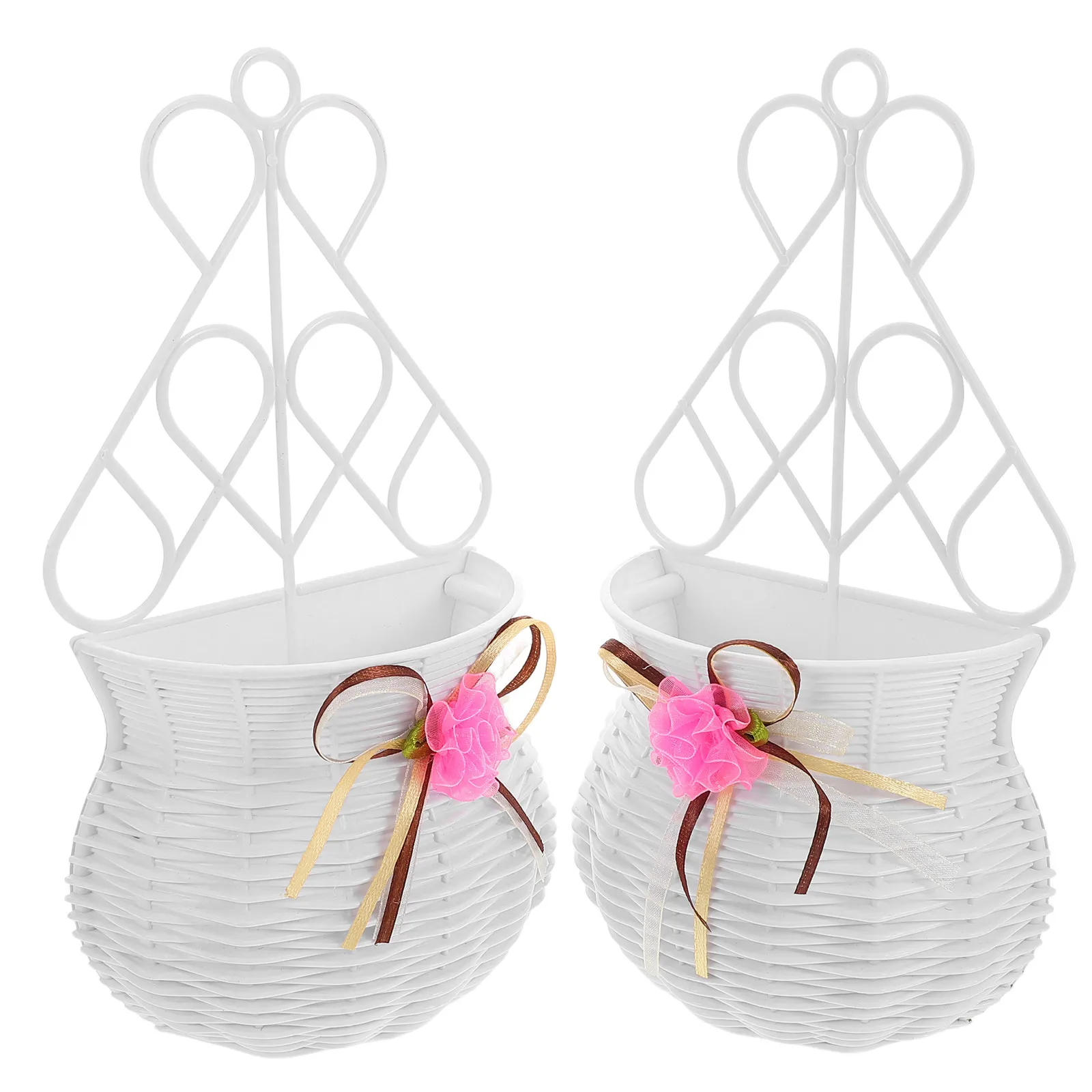 2Pcs Wall Mounted Hanging Baskets Faux Rattan Creative No Drilling Flower Pot Indoor Decorative Planter for Home Living Room