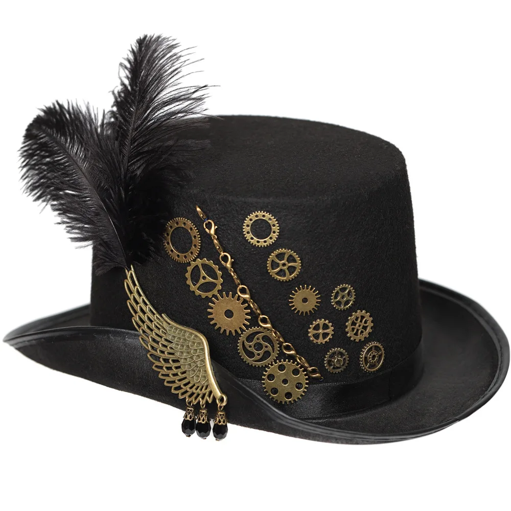 

Steampunk Fedoras Gothic Gear Decoration Floppy Top Hats Feather Chapeau European Costume Performance Party Sombrero De Mago