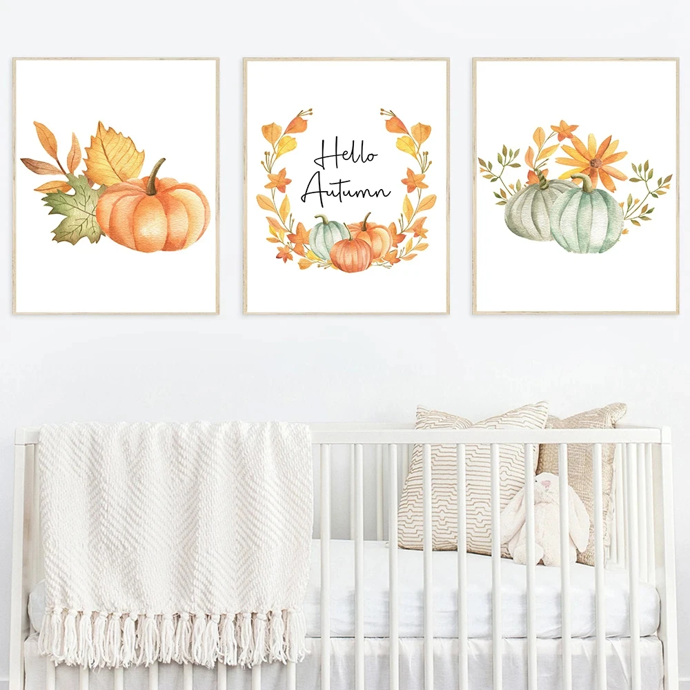 Canvas Painting Hello Fall Autumn Quote Wall Art Picture Children Cartoon Print Seasonal Pumpkin Poster Kids Home Room Decor