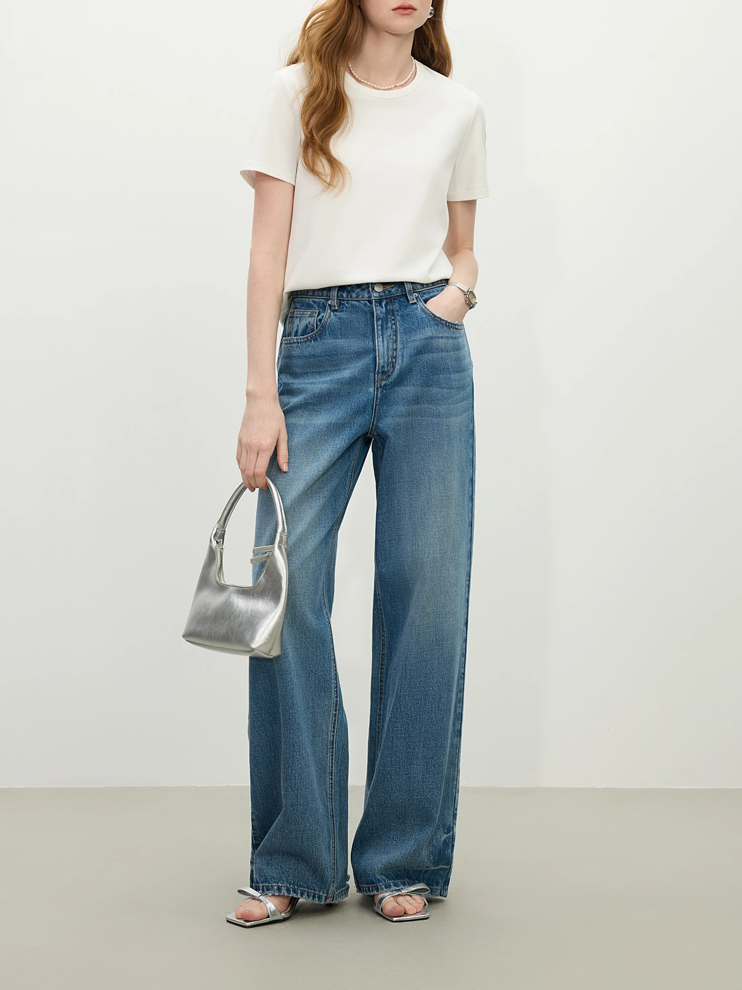 FSLE Retro Washed High Waist Straight Jeans for Women 2025 Spring New Commuting Slim Pants 25FS11165