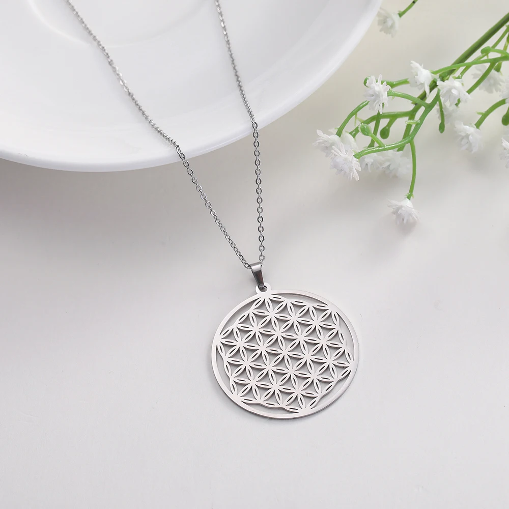 Kkjoy Fashion Stainless Steel Silver Color Viking Wicca Amulet Hollow Flower of Life Pendent Necklace for Women Jewelry Gift