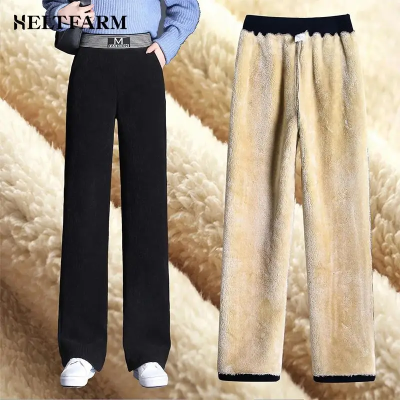 

Plus Velvet Wide Leg Warm High Waist Pants Vintage Loose Solid Trousers Pocket Thicken Winter Pants