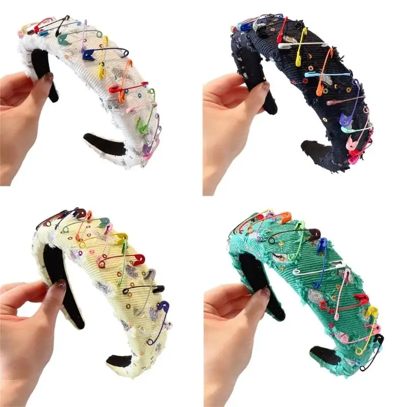 

Fashion Distressed Headband for Women 1.2inch Wide Headbands with Colorful Pins Sequins Teens Girls Sweet Cool Hairhoop