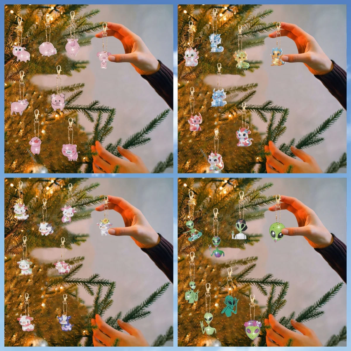 8 أطقم تزيين سلسلة مفاتيح مطلية بالألماس الكريستالي على الوجهين والخنزير والخنزير والتنين والعجل #1