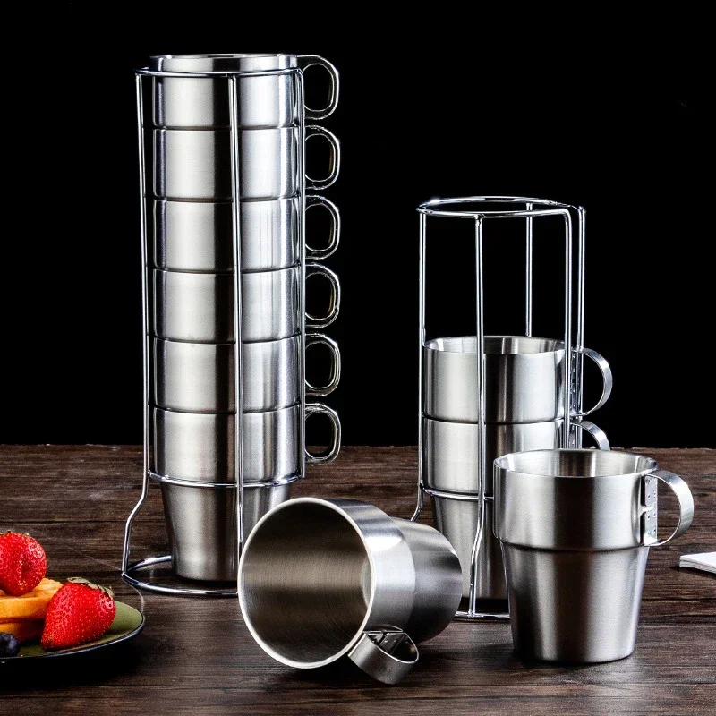 Double-walled Coffee Cup Set 304 Stainless Steel Mugs Coffee Cups Pack 6 Cups Tea Cups Outdoor Heat Insulation Anti-scalding