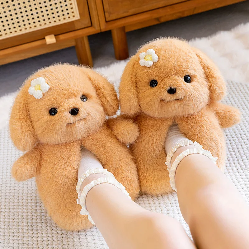 

Latest cuddly puppy slippers for dog lovers women's fuzzy home shoes wrapped heel slipper ladies novelty animal bear hug slipper