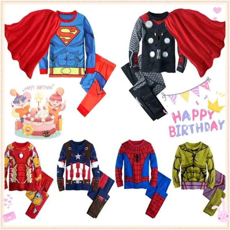 2024 Hot Avengers Superhero Costume Sets for Kids Spiderman Iron Man Cotton Pajamas Suit Boys Long Sleeve Christmas Sleepwear