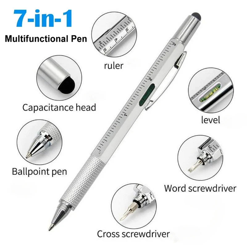 7 IN 1 Multi Ballpoint Pen with Modern Handheld Tool Measure Technical Ruler Screwdriver Touch Screen Stylus Spirit Level Tools