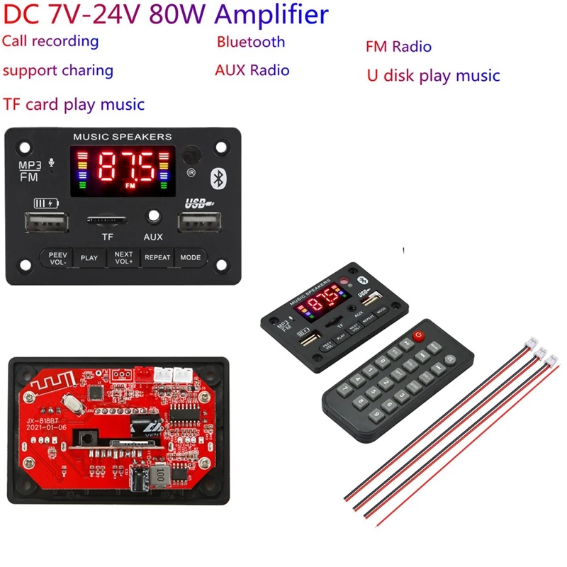 Amplificador de Áudio Digital Doméstico, Placa Decodificadora Bluetooth, Auto-falantes de Música, HiFi, FM, USB, Baixo, 12V-24V, 80W