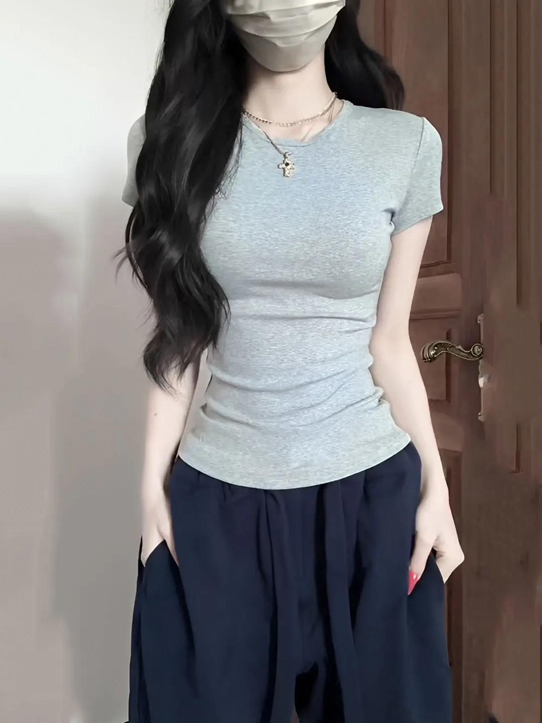 Slim Fit Pure Cotton round Neck T-Shirt Women Summer Waist Cinching Short Sleeve Basic  Color Versatile Chic Girl Top