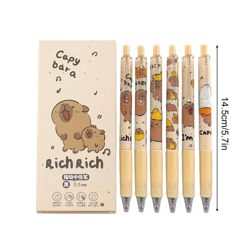 Capybara Pen Set 0.5mm Fine Point Retractable Writing Pen 6X Black Ink Aesthetic Pens Novelty Animal Pens For Classroom