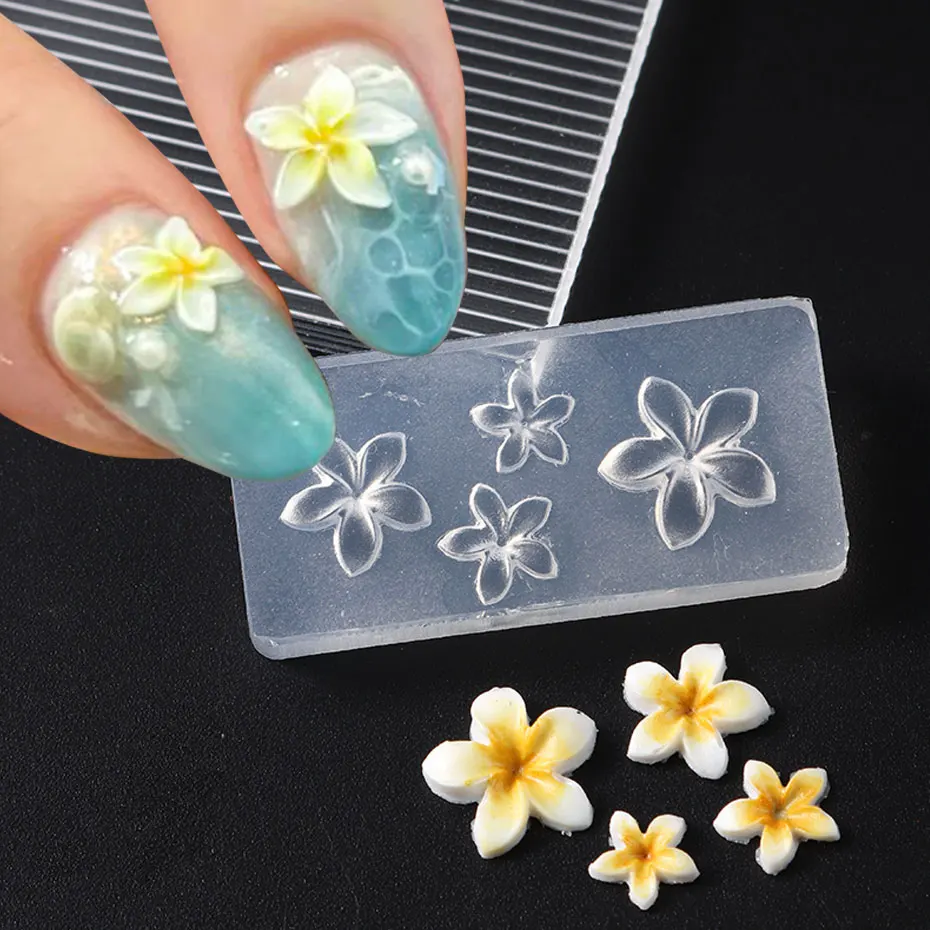 3D Summer Frangipani Flower Nail Stencil Silicone Embossed Hibiscus Floral Mould Starfish Sea Shell Carving Mold Template Tool ﻿