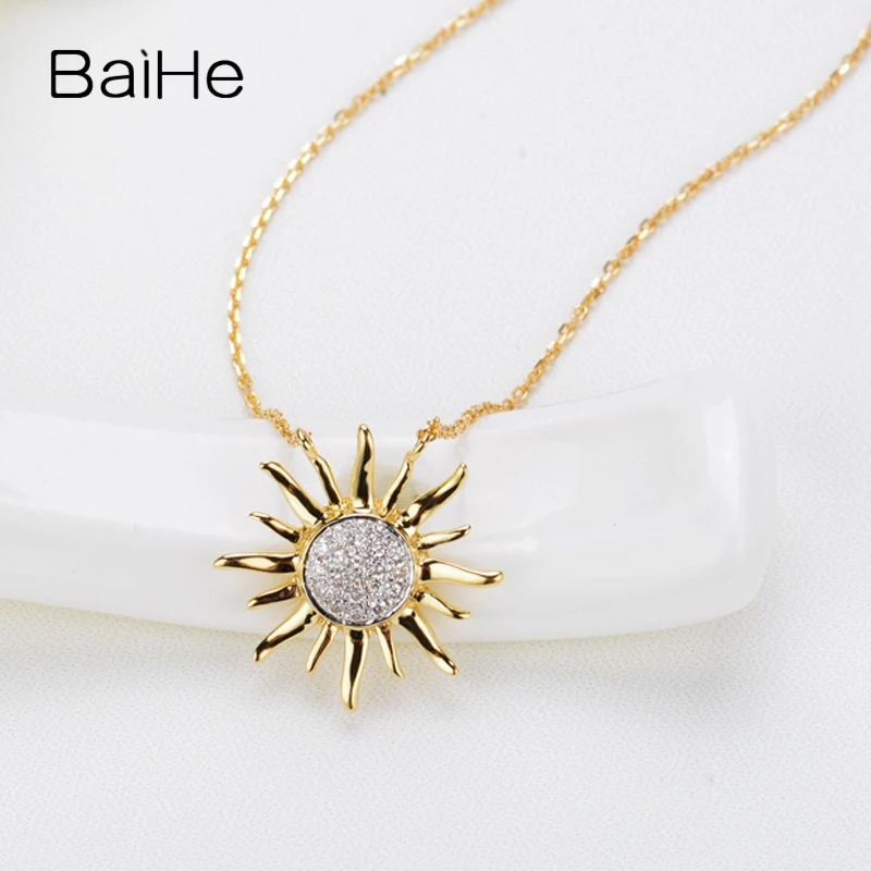 BAIHE Solid 18K Yellow Gold 0.10ct H/SI Natural Diamond Sun Flower Necklace Women Wedding Fine Jewelry サンフラワーネックレス kaulakoru