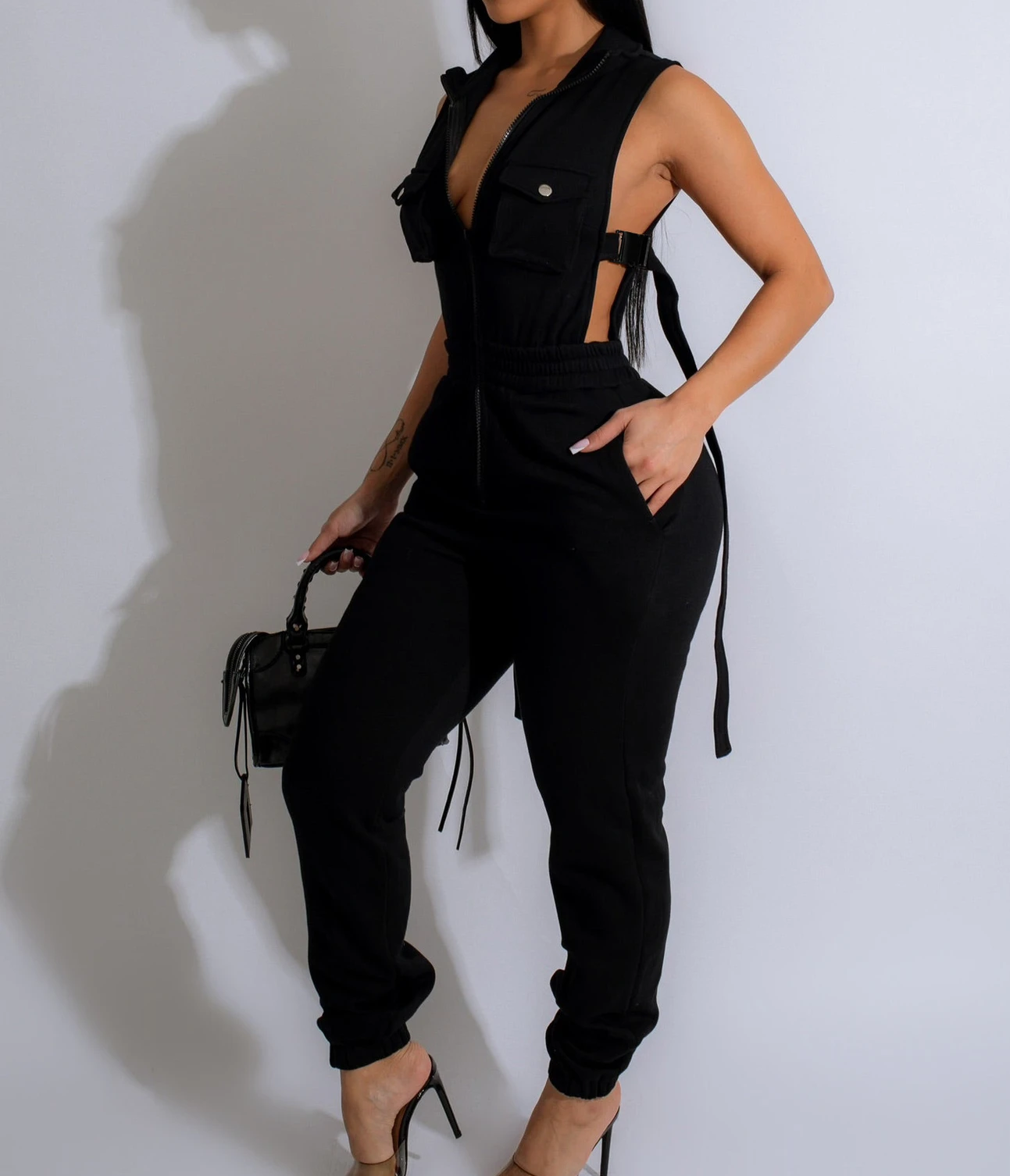Kombinezony damskie 2024 Summer Sexy Spicy Girl Side Button Zipper Sleeveless 4 Pocket Jumpsuit Streetwear Fashion Overalls