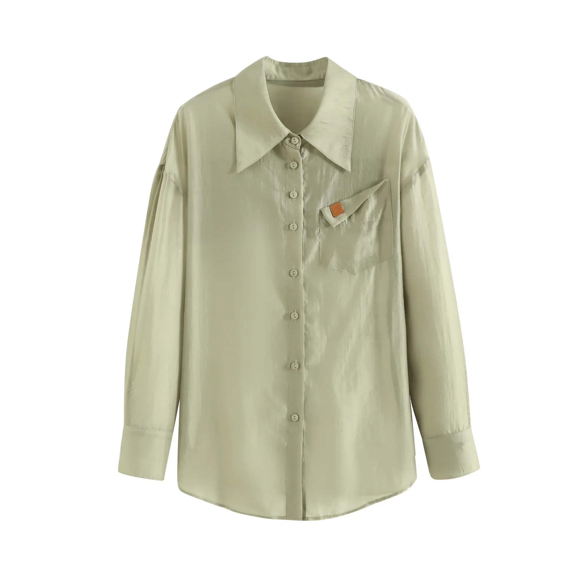 

Japanese Harajuku Women Shirt Long Sleeve Summer Fashion Ultra Thin Loose Sunscreen Top Elegant Pocket Leather Label Decoration