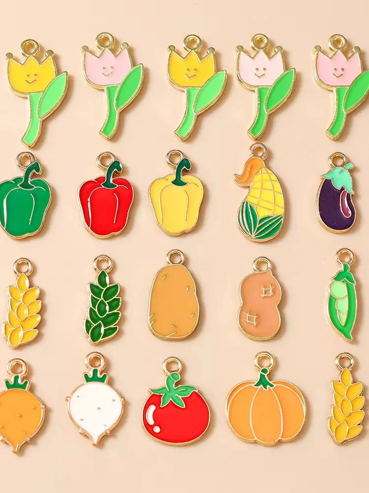 Leslie 10 Stück süße Emaille-Gemüse, Früchte, Erbse, Mais, Pfeffer, Kürbis, Tomaten, Charms für Armband, Halskette, DIY, Schmuckherstellung, Basteln – Detail 1