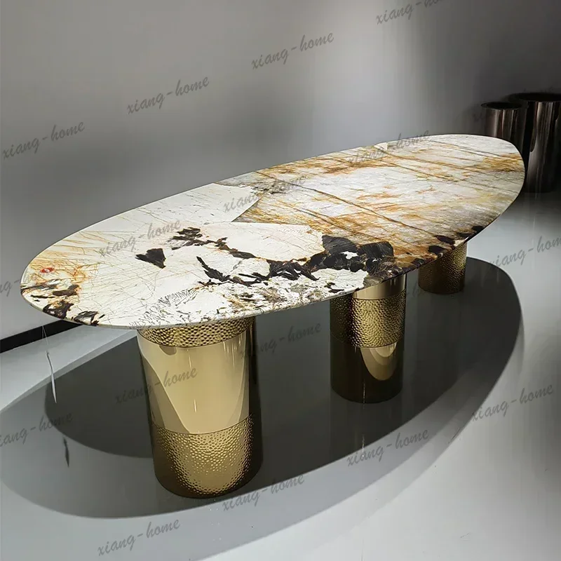LSDining Table Oval Imported Stone Tabletop Trending Villa Home Design Corrosion/Heat/Easy-Clean Italian Luxury Stainless Steel