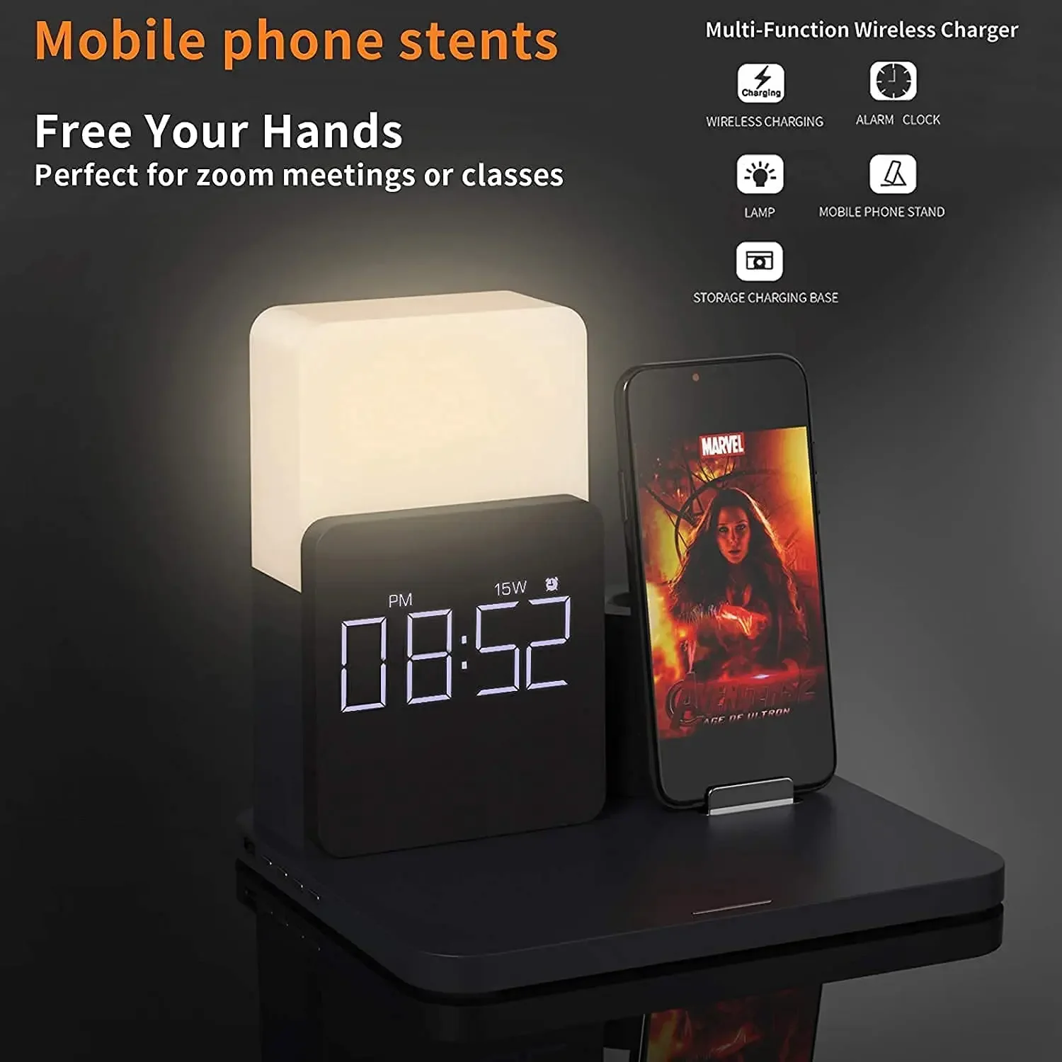 Quick charge with wireless charger, 4-in-1 LED lamp, bedside lamp, electronic alarm clock, radio headset, iPhone Iwatch charging