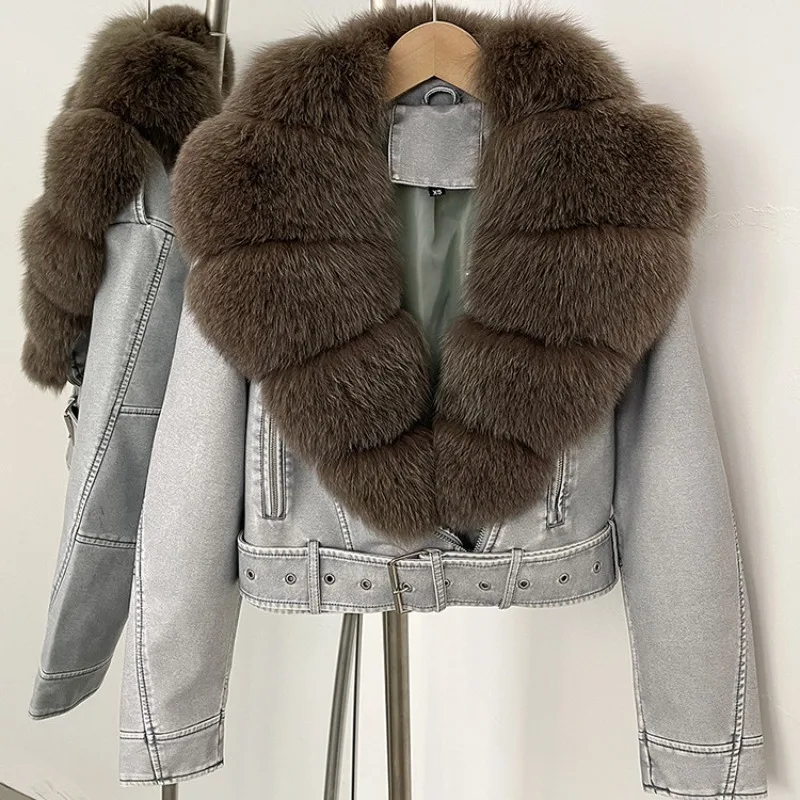 2026 Autumn Winter Big Fox Fur Collar Leather Jacket Women's Short Coat Sashes Slim High-waist Faux Leather Outerwear Streetwear