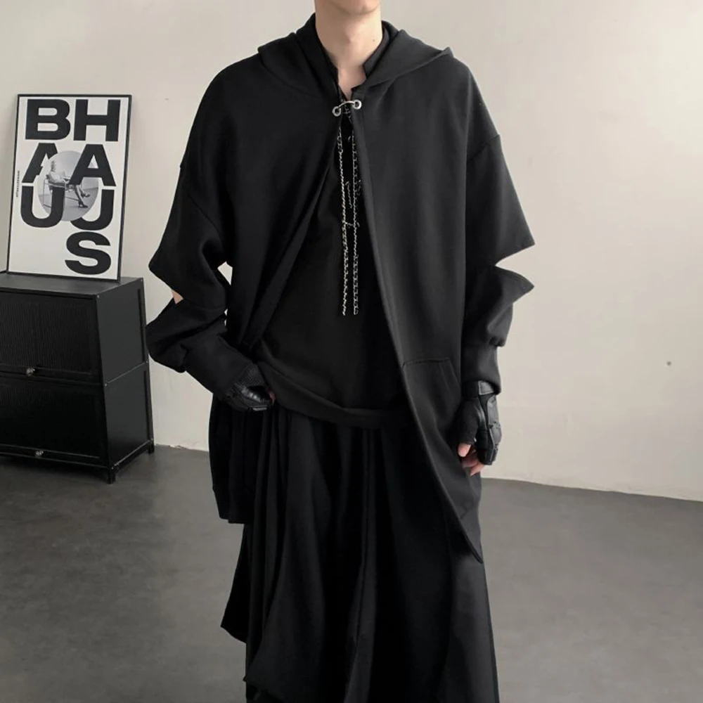 

Мужской тренчкот Y2K с металлическими пряжками, разрезами на рукавах, капюшоном, в стиле мотоциклетной куртки, уличная мода, для ночных клубов и сцены, мужская одежда 2026