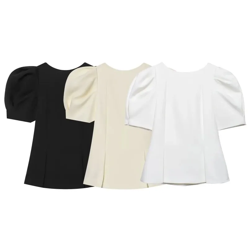 ZOCI Women Fashion Solid Backless Zipper T-Shirts Vintage O-Neck Short Puff Sleeves Female Chic Lady Tops