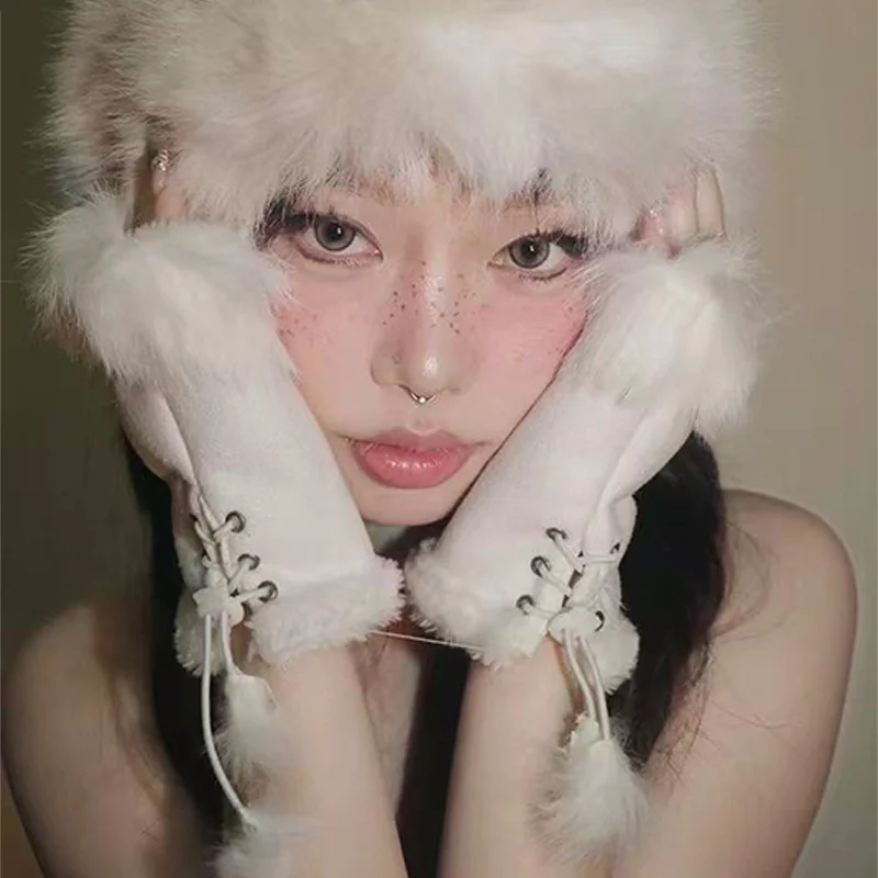 الشتاء الجلود فروي الدافئة نصف اصبع قفازات المرأة لطيف أسود سميكة دراجة نارية التكتيكية تأثيري القفازات الإكسسوارات