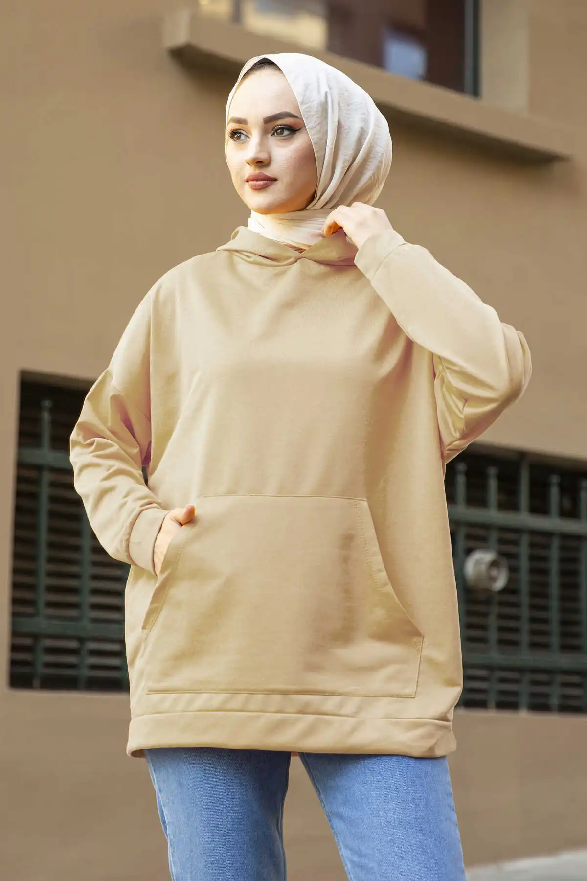 Kangaroo Pocket Sweat MD Camel Winter Autumn 2021 Muslim Women Hijab headscarf islamic Turkey