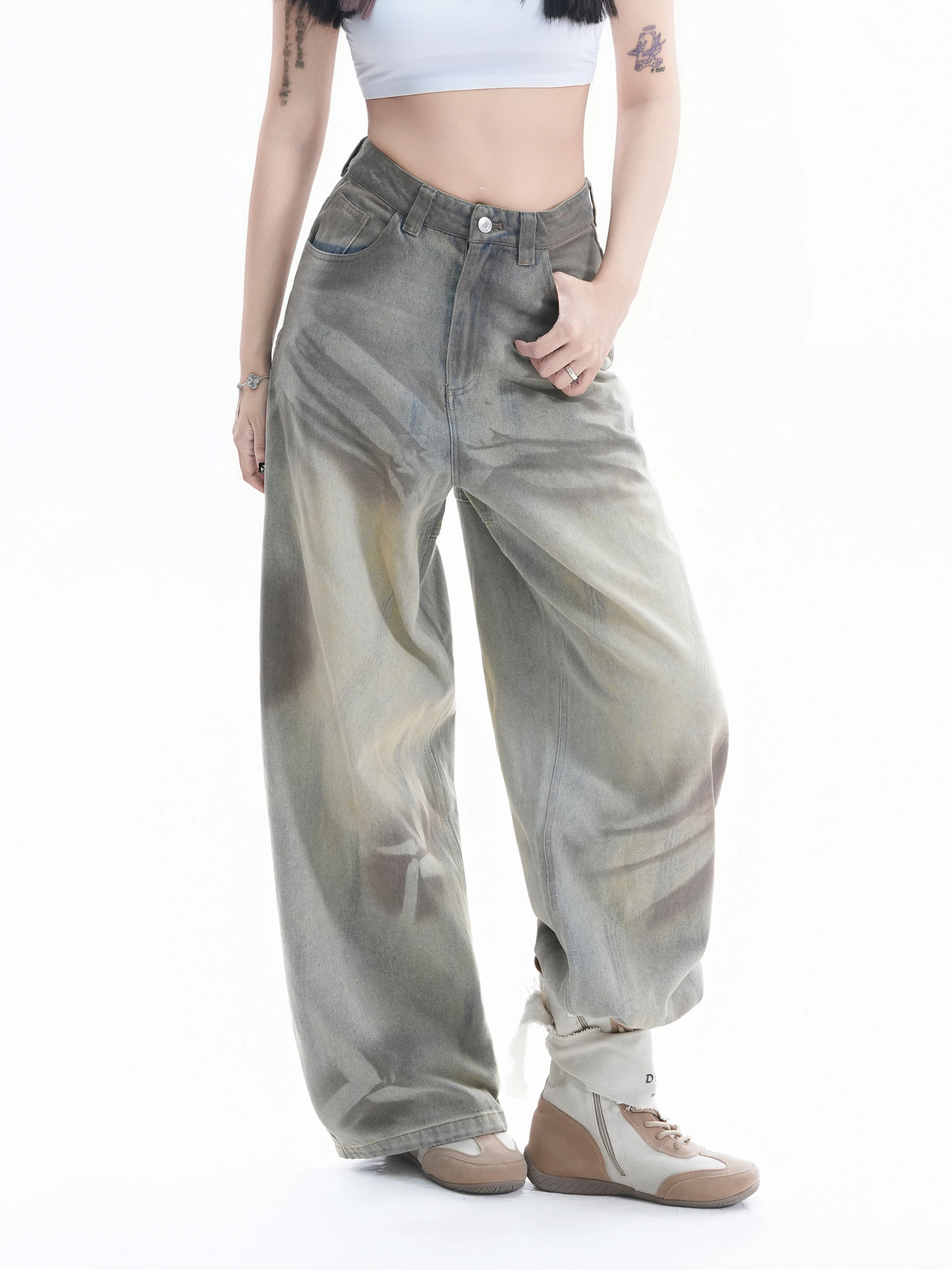

Vintage American Desert Style Loose Fit Women's Jeans Casual High Street Fashion Bootcut Pants Cotton Natural Waist Button Cl...