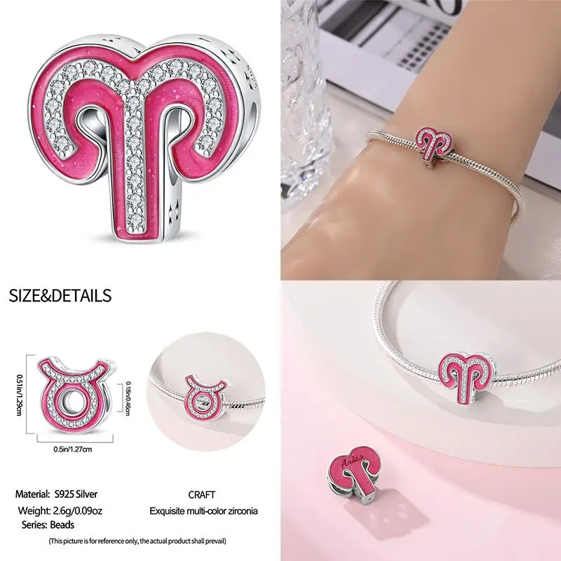 925 Sterling Silver Pink Zircon 12 Zodiac Signs Charms Fit Pandora Original Bracelets Jewelry Making For Women Gift