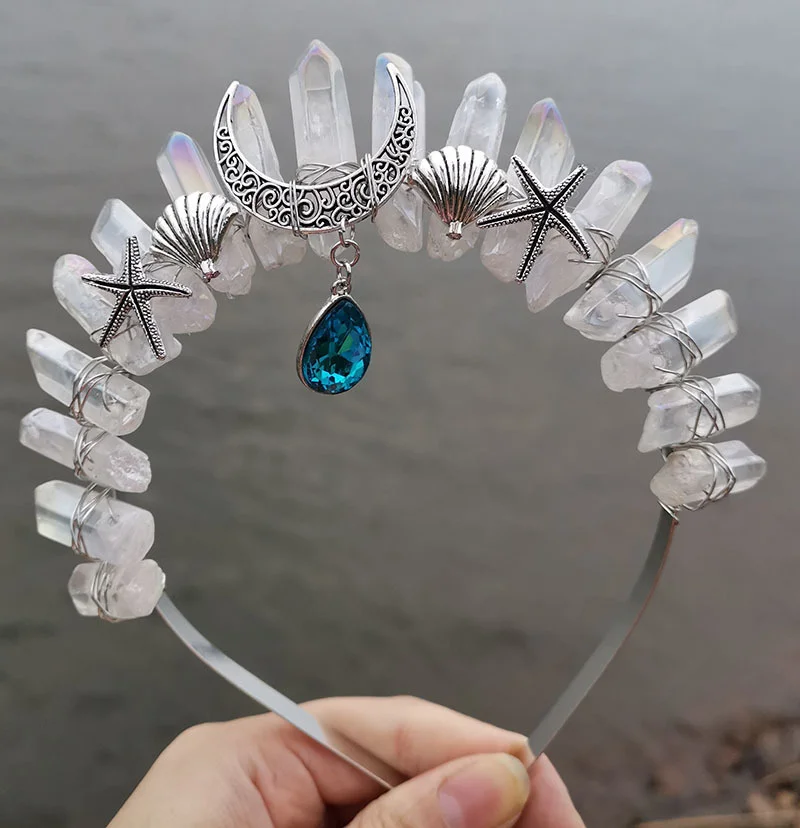 Raw Crystal Quartz Crown Headband Rhinestone Tiara Mermaid Hair Accessories for Women Party Wedding