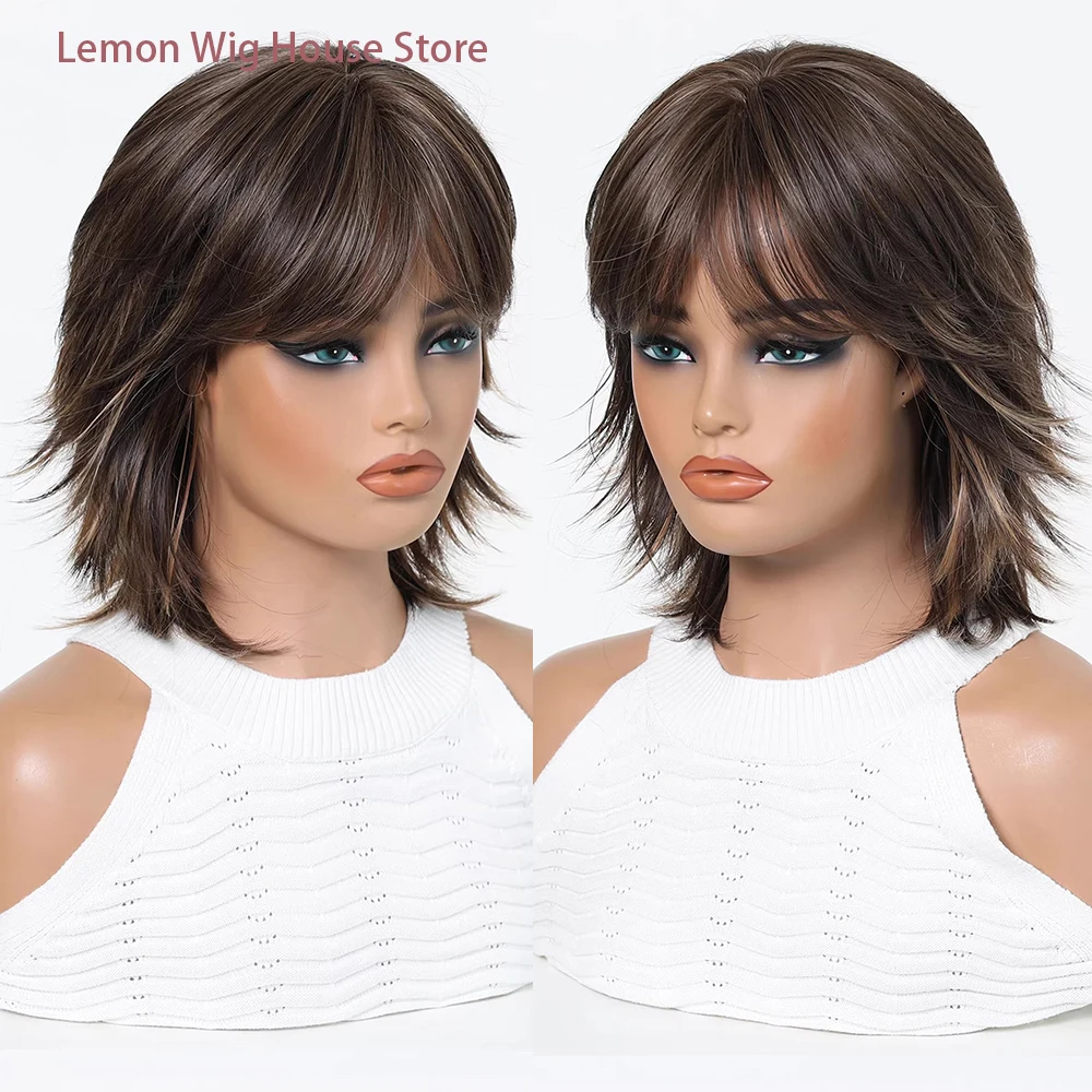 Picture 3: Shaggy Layered Short Synthetic Wig Dark Brown with Caramel Blonde Highlights Wolf Cut with Bangs Daily Women Wig Heat Resistant
